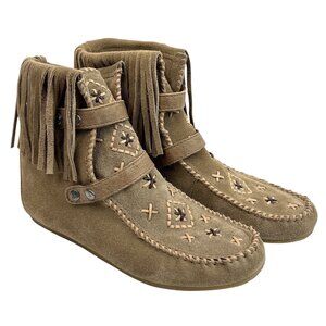 Sam Edelman Katherine Fringe Moccasin Boots Women’s 6.5 Tan Suede Embroidered